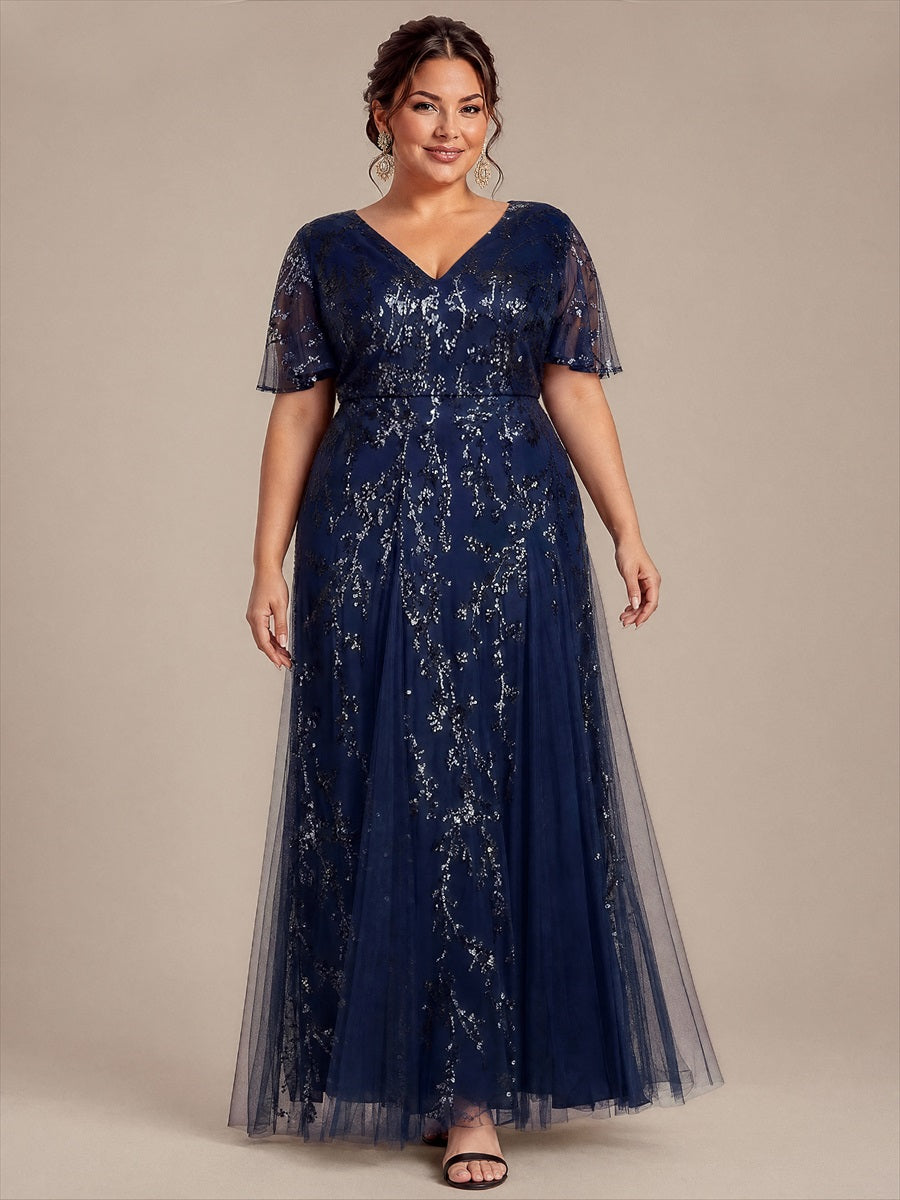 Plus Size Tiered Tulle Sequins Evening Dress #color_Navy Blue