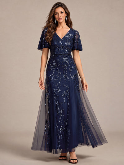 Tiered Tulle Sequins Ruffle Sleeve Evening Dress