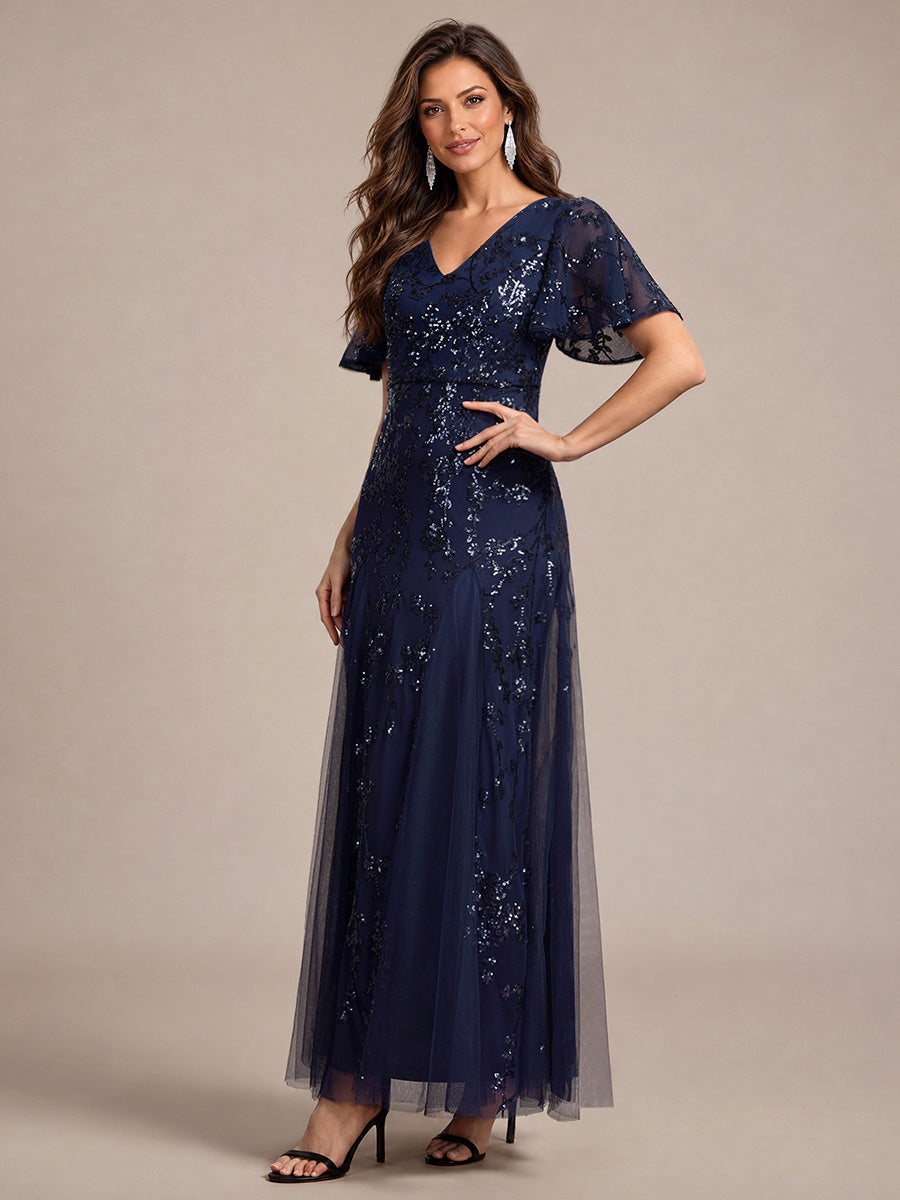 Tiered Tulle Sequins Ruffle Sleeve Evening Dress #color_Navy Blue