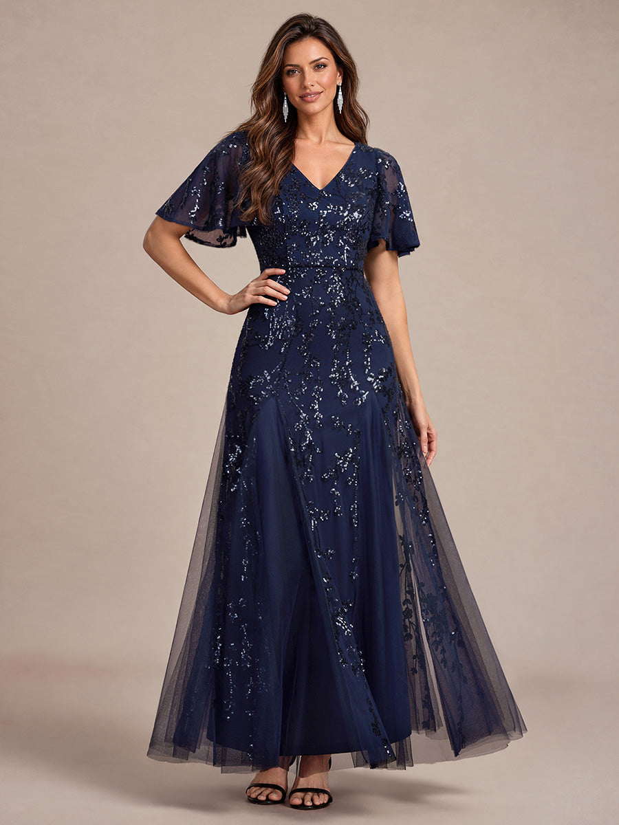 Tiered Tulle Sequins Ruffle Sleeve Evening Dress #color_Navy Blue