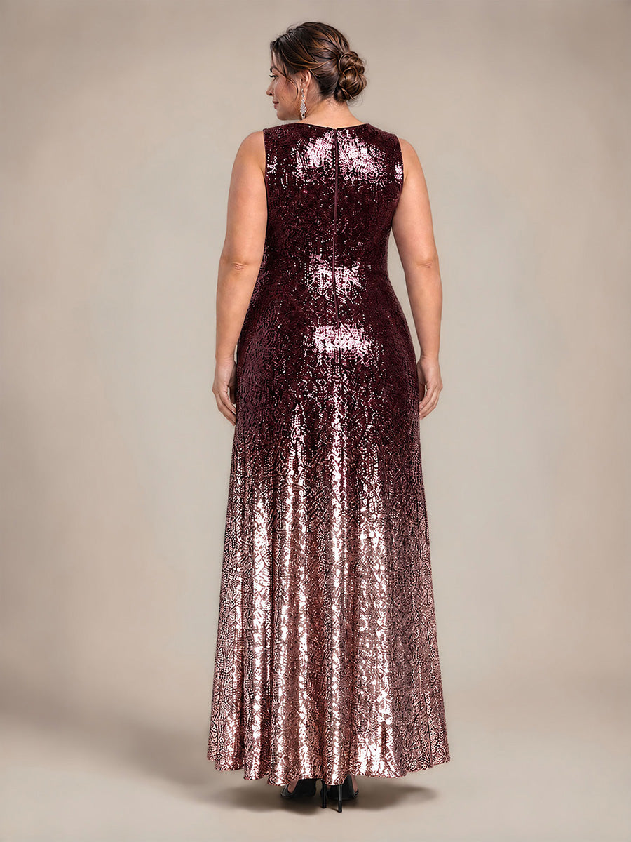 Plus Size Ombr¨¦ Sequins Sleeveless Evening Dress #color_Dark Purple Lavender