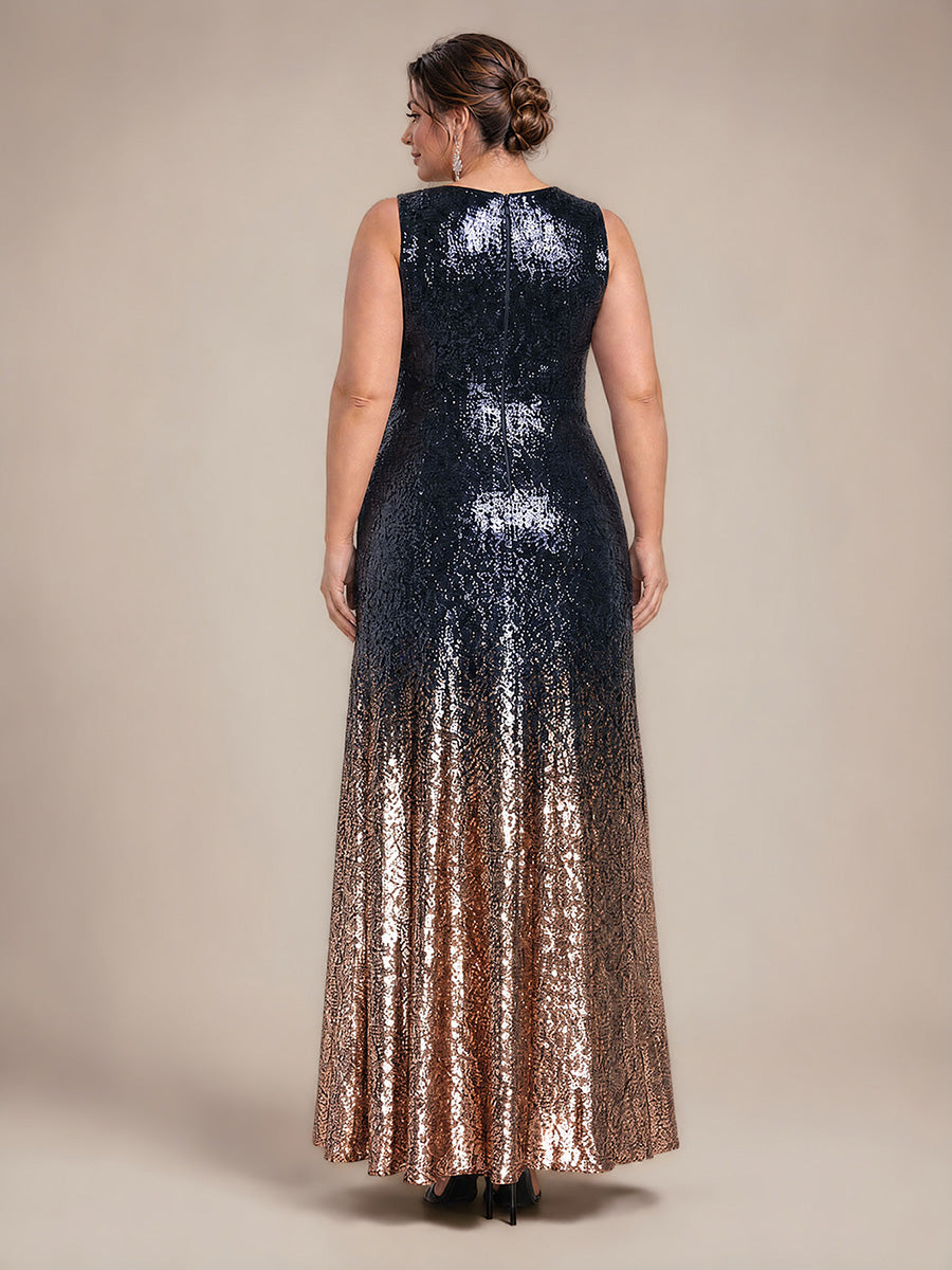Plus Size Ombr¨¦ Sequins Sleeveless Evening Dress #color_Navy Champagne