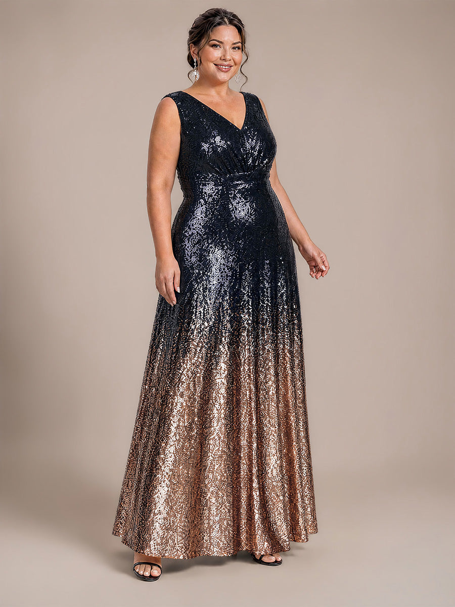 Plus Size Ombr¨¦ Sequins Sleeveless Evening Dress #color_Navy Champagne