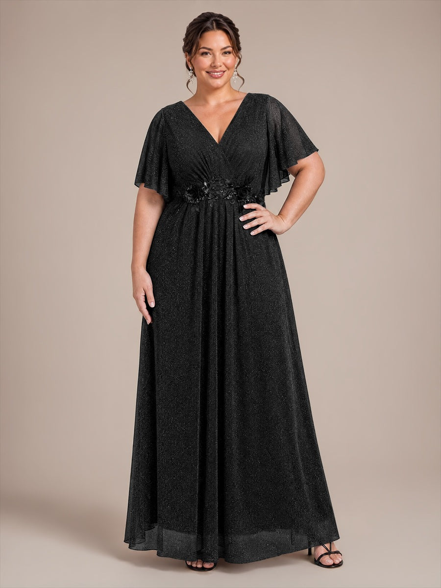 Pleating Lurex Mesh Ruffle Sleeve Evening Dress #color_Black