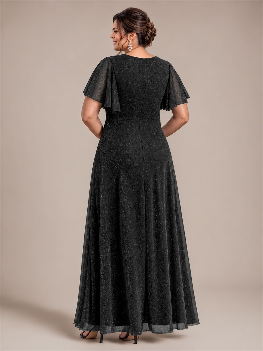 Pleating Lurex Mesh Ruffle Sleeve Evening Dress #color_Black