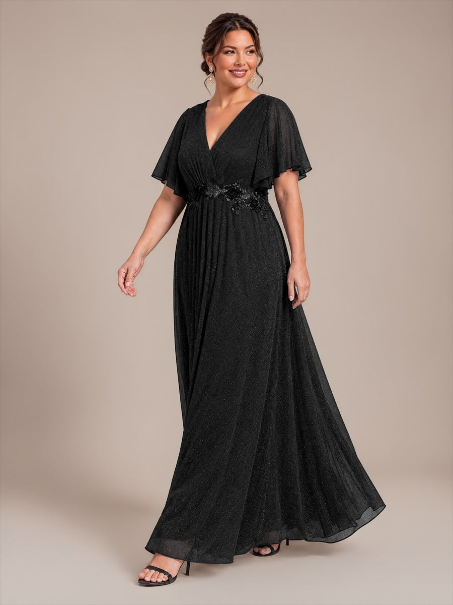 Plus Size Pleating Lurex Mesh Evening Dress #color_Black