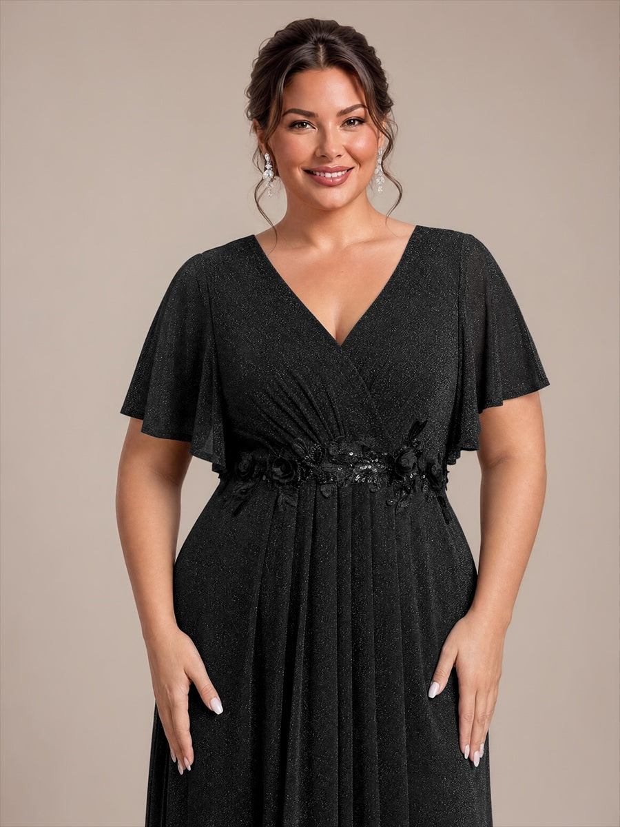 Plus Size Pleating Lurex Mesh Evening Dress #color_Black