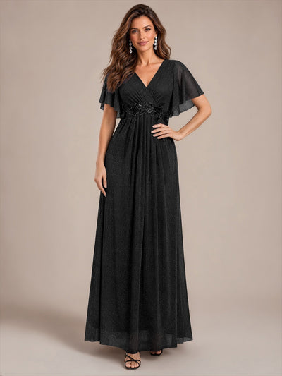 Pleating Lurex Mesh Ruffle Sleeve Evening Dress