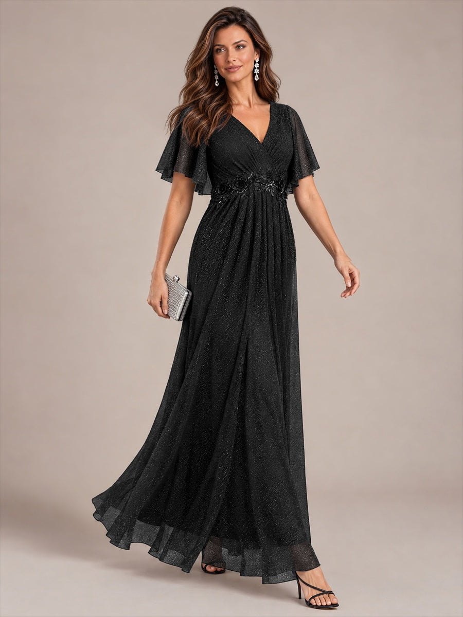 Pleating Lurex Mesh Ruffle Sleeve Evening Dress #color_Black