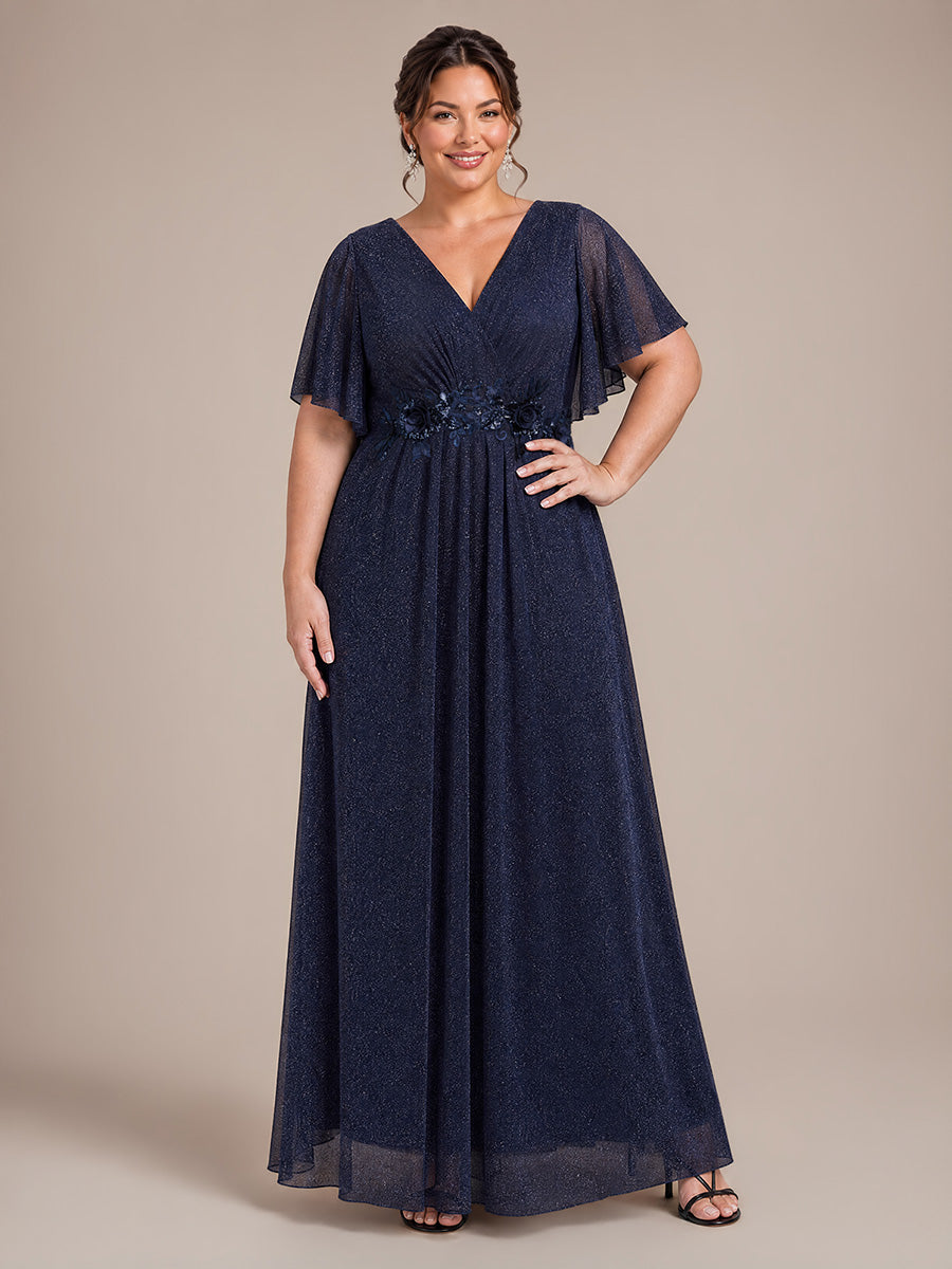 Plus Size Pleating Lurex Mesh Evening Dress #color_Navy Blue