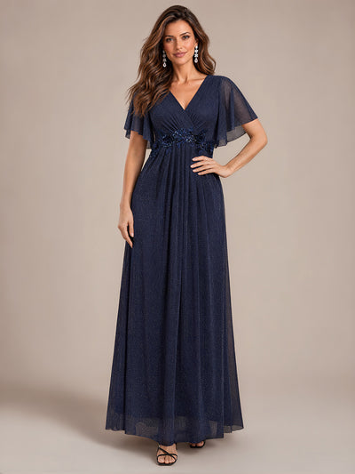 Pleating Lurex Mesh Ruffle Sleeve Evening Dress