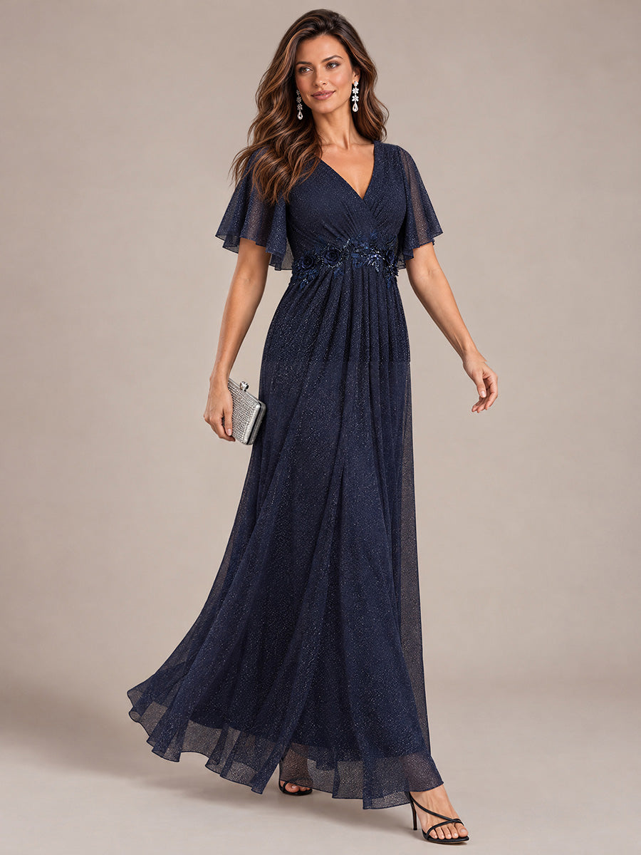 Pleating Lurex Mesh Ruffle Sleeve Evening Dress #color_Navy Blue