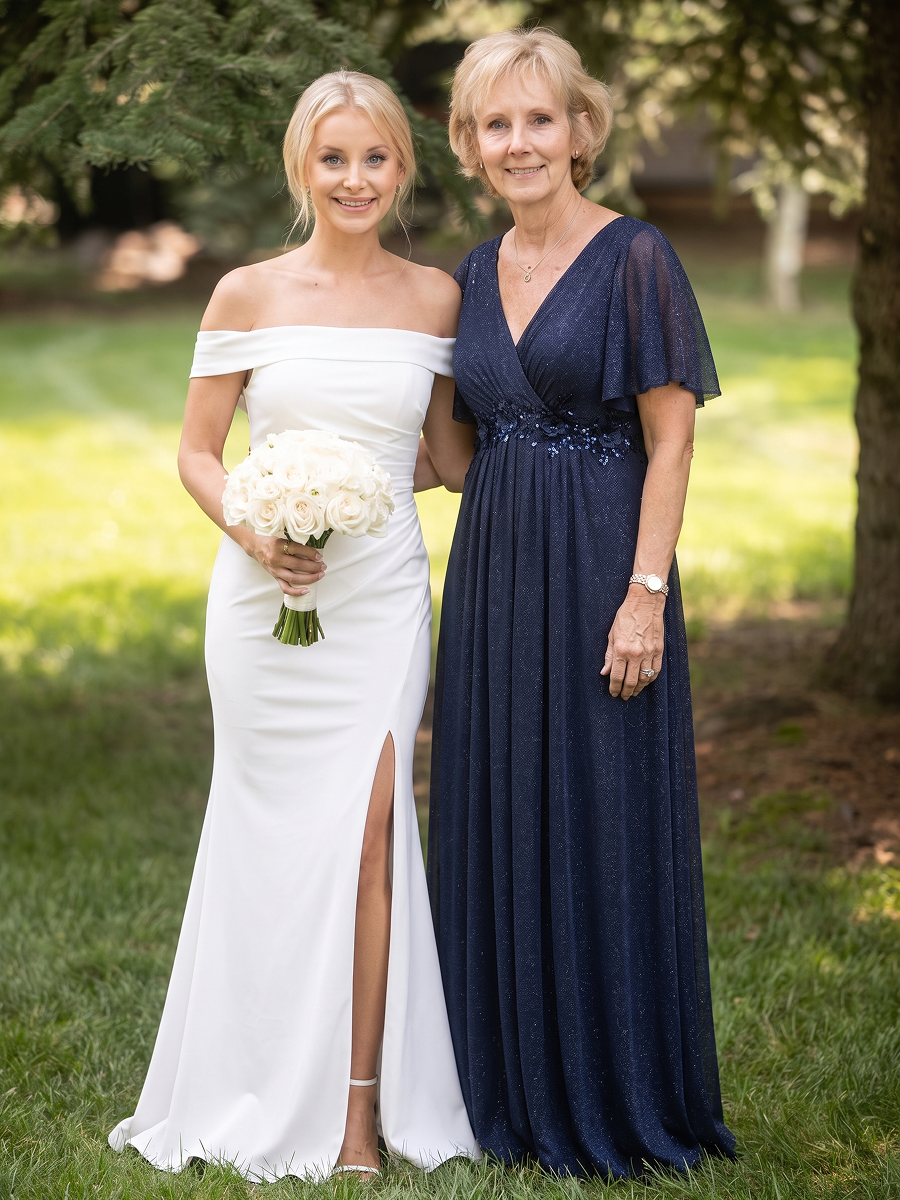 Pleating Lurex Mesh Ruffle Sleeve Evening Dress #color_Navy Blue