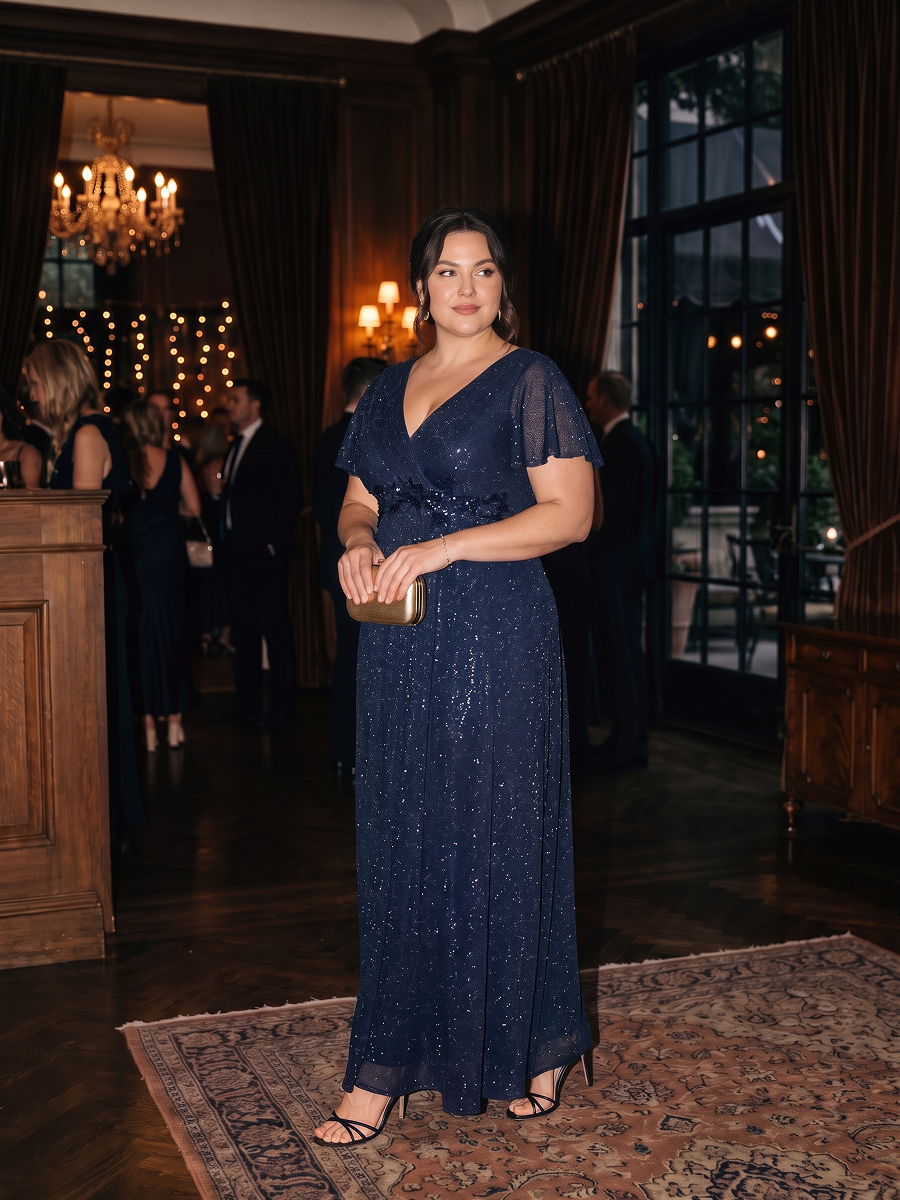Plus Size Pleating Lurex Mesh Evening Dress #color_Navy Blue