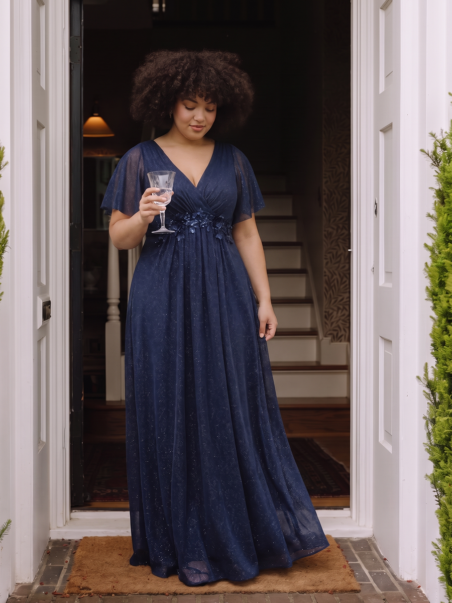 Plus Size Pleating Lurex Mesh Evening Dress #color_Navy Blue