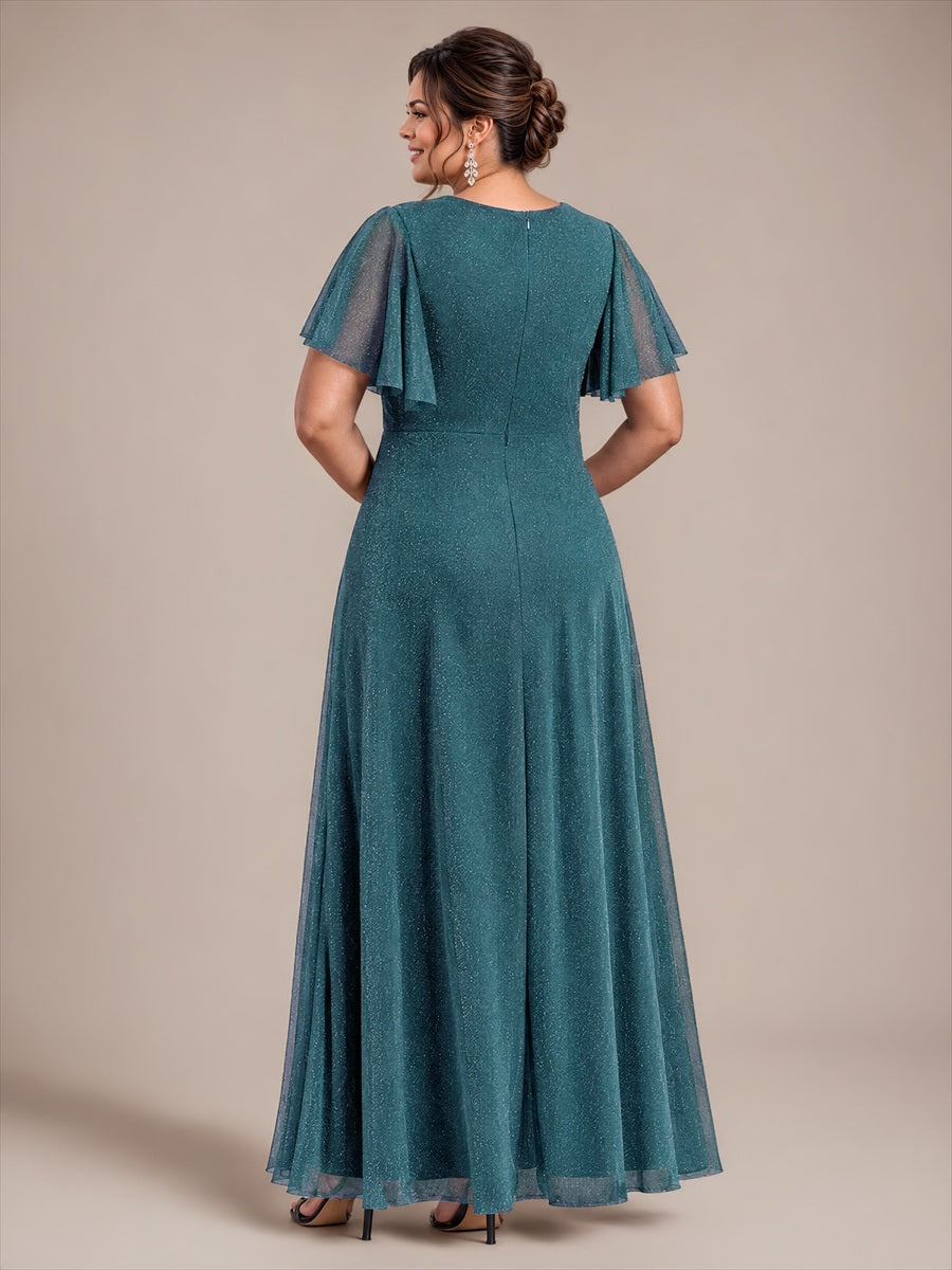 Pleating Lurex Mesh Ruffle Sleeve Evening Dress #color_Teal Blue