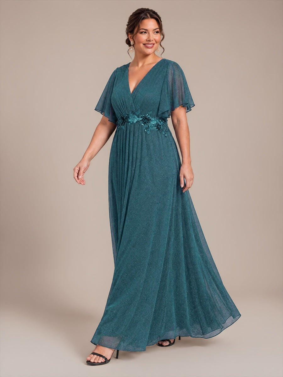 Pleating Lurex Mesh Ruffle Sleeve Evening Dress #color_Teal Blue