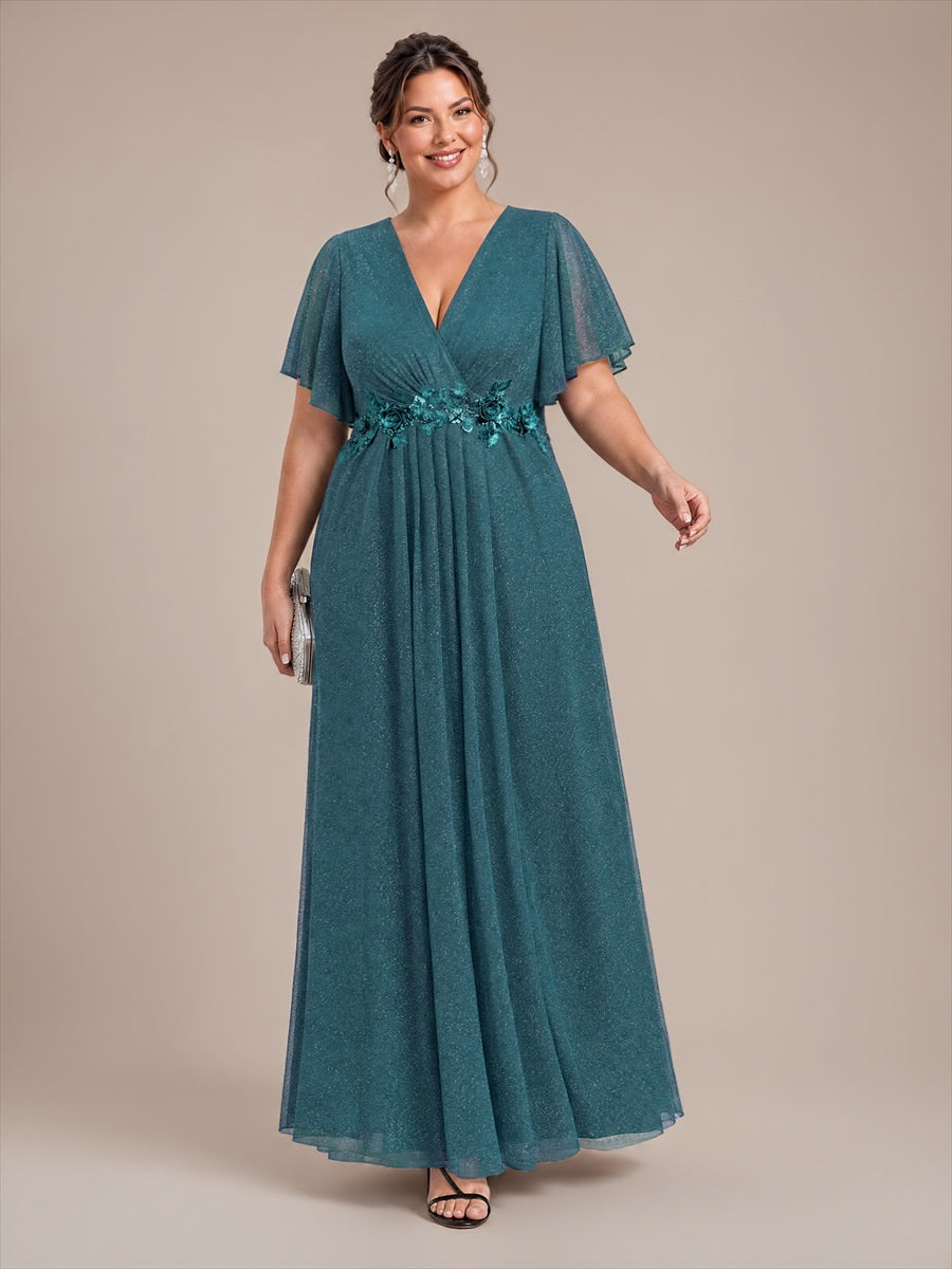 Pleating Lurex Mesh Ruffle Sleeve Evening Dress #color_Teal Blue