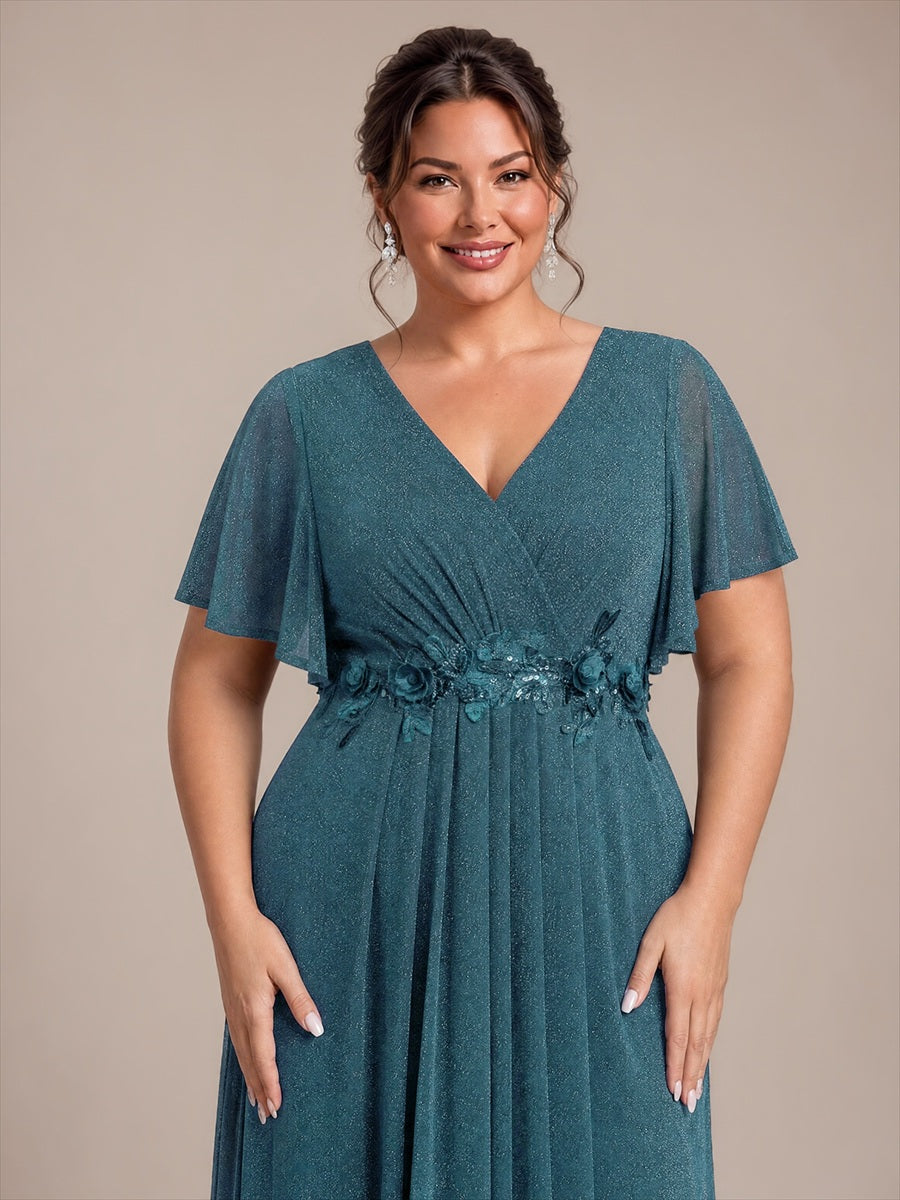 Plus Size Pleating Lurex Mesh Evening Dress #color_Teal Blue