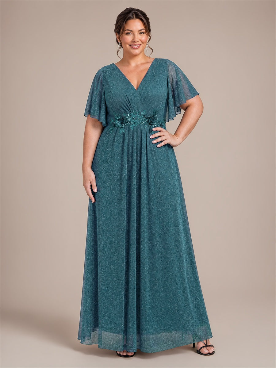 Plus Size Pleating Lurex Mesh Evening Dress #color_Teal Blue