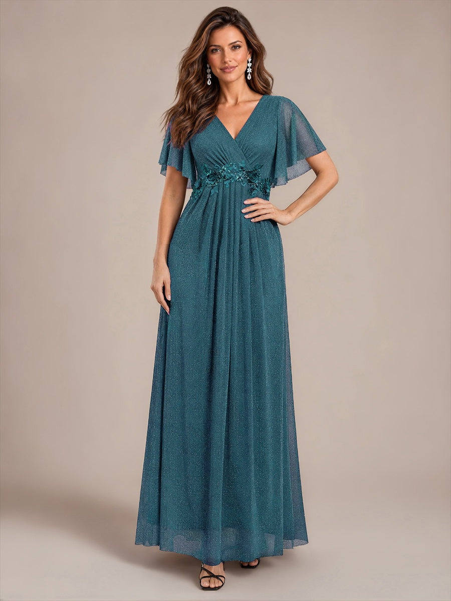 Pleating Lurex Mesh Ruffle Sleeve Evening Dress #color_Teal Blue
