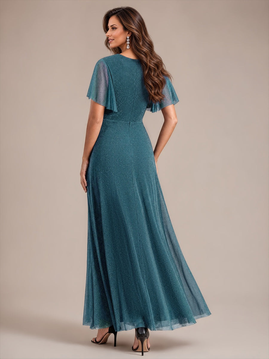 Pleating Lurex Mesh Ruffle Sleeve Evening Dress #color_Teal Blue