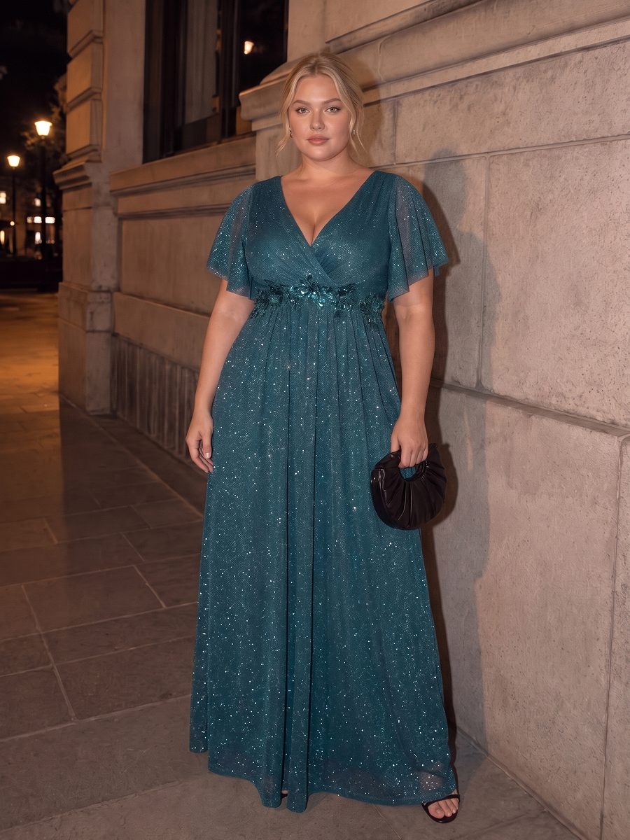 Pleating Lurex Mesh Ruffle Sleeve Evening Dress #color_Teal Blue