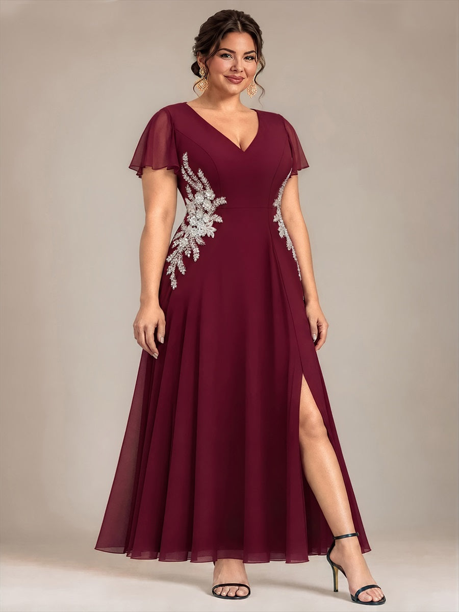 Plus Size Beading Chiffon Evening Dress #color_Burgundy