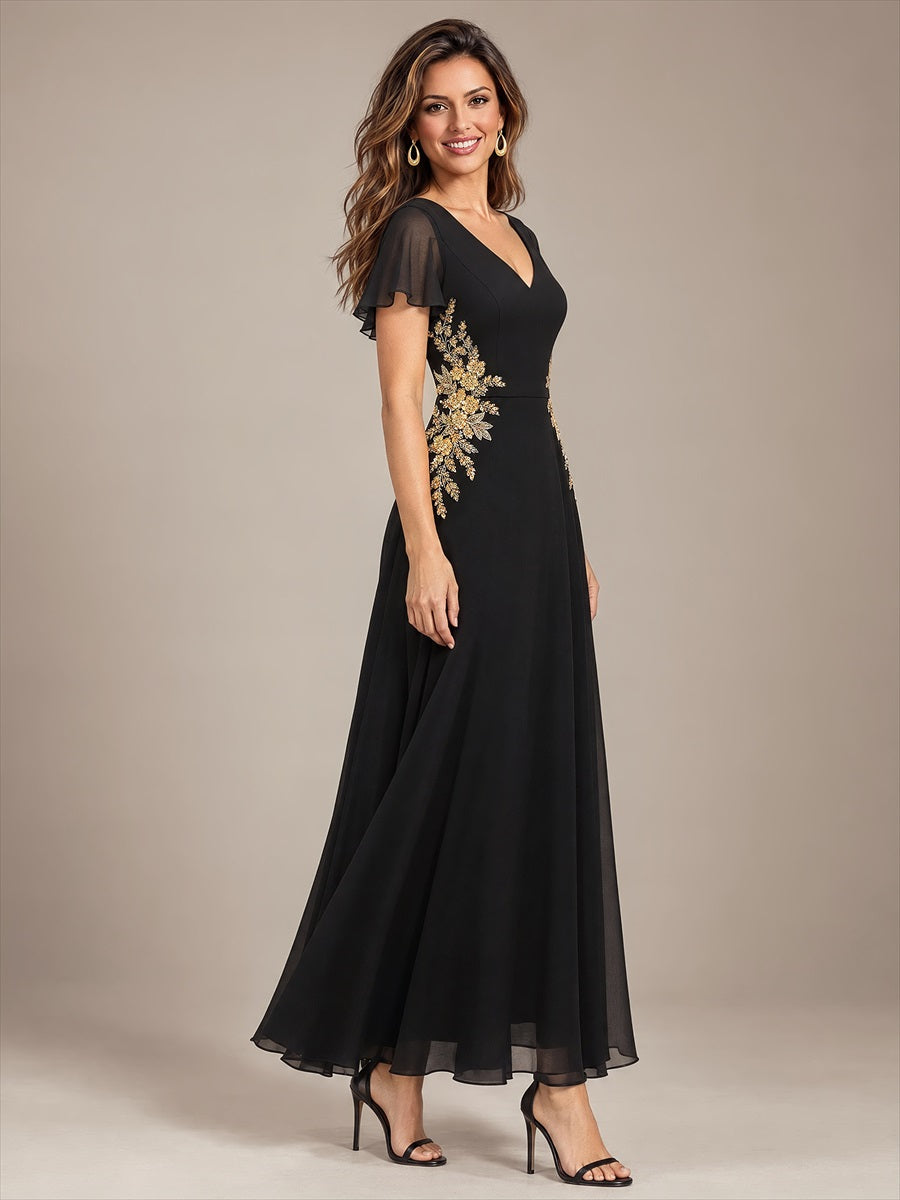 Beading Chiffon Ruffle Sleeve Evening Dress #color_Black