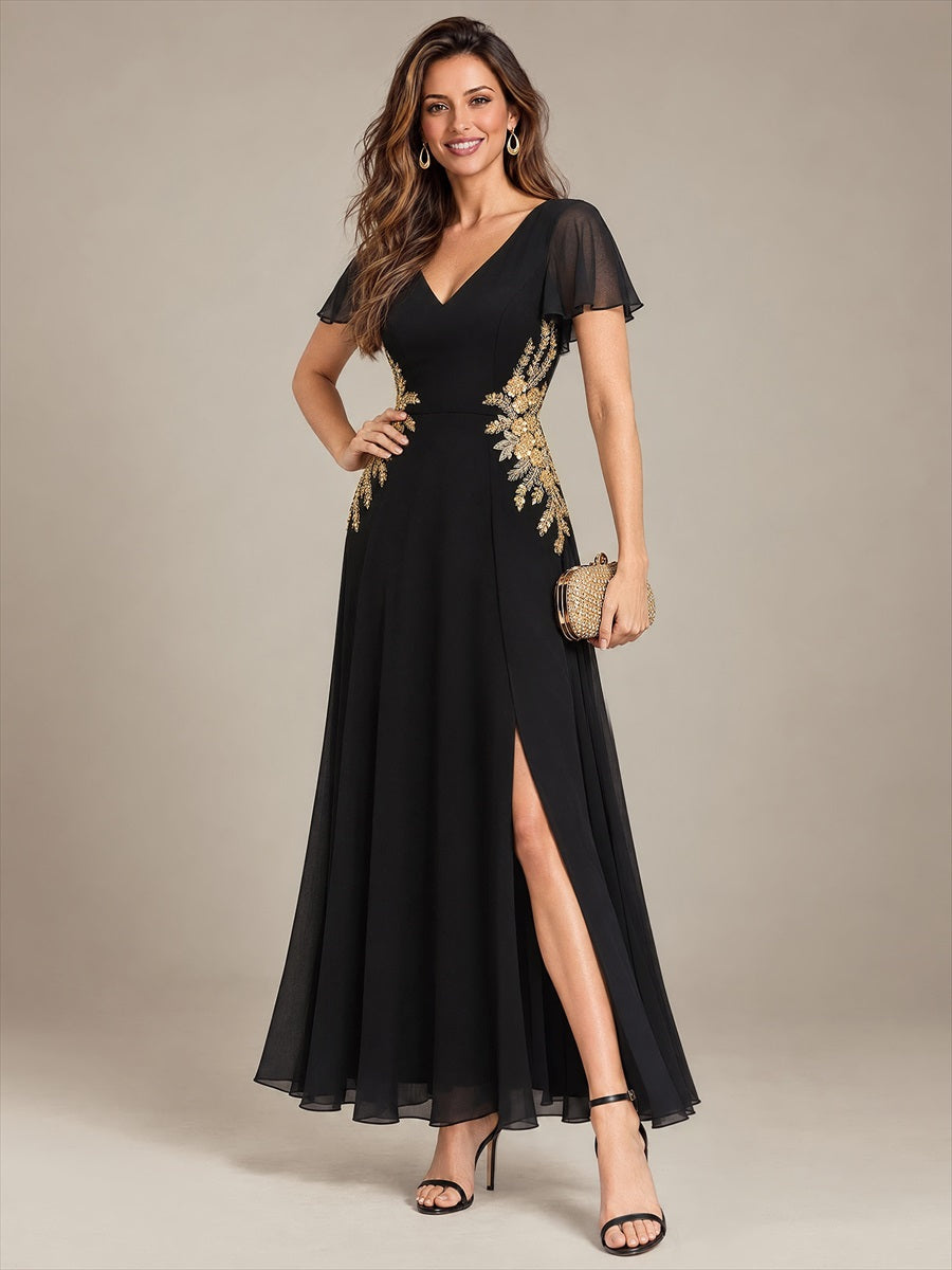 Beading Chiffon Ruffle Sleeve Evening Dress #color_Black