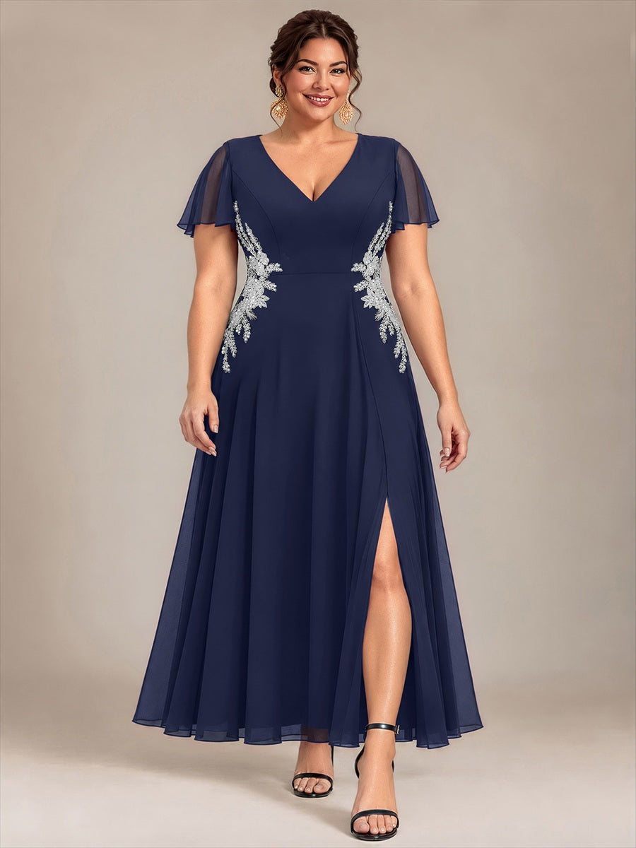Plus Size Beading Chiffon Evening Dress #color_Navy Blue