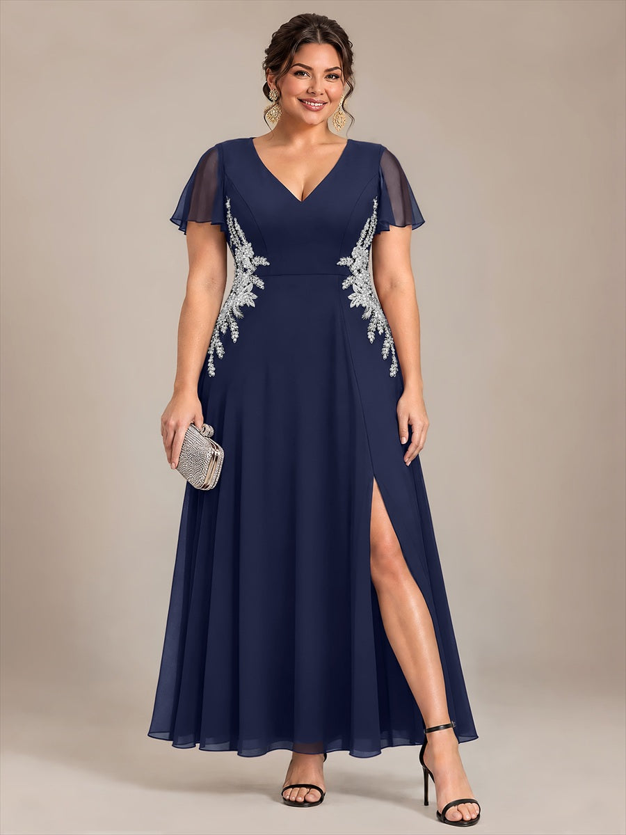 Plus Size Beading Chiffon Evening Dress #color_Navy Blue