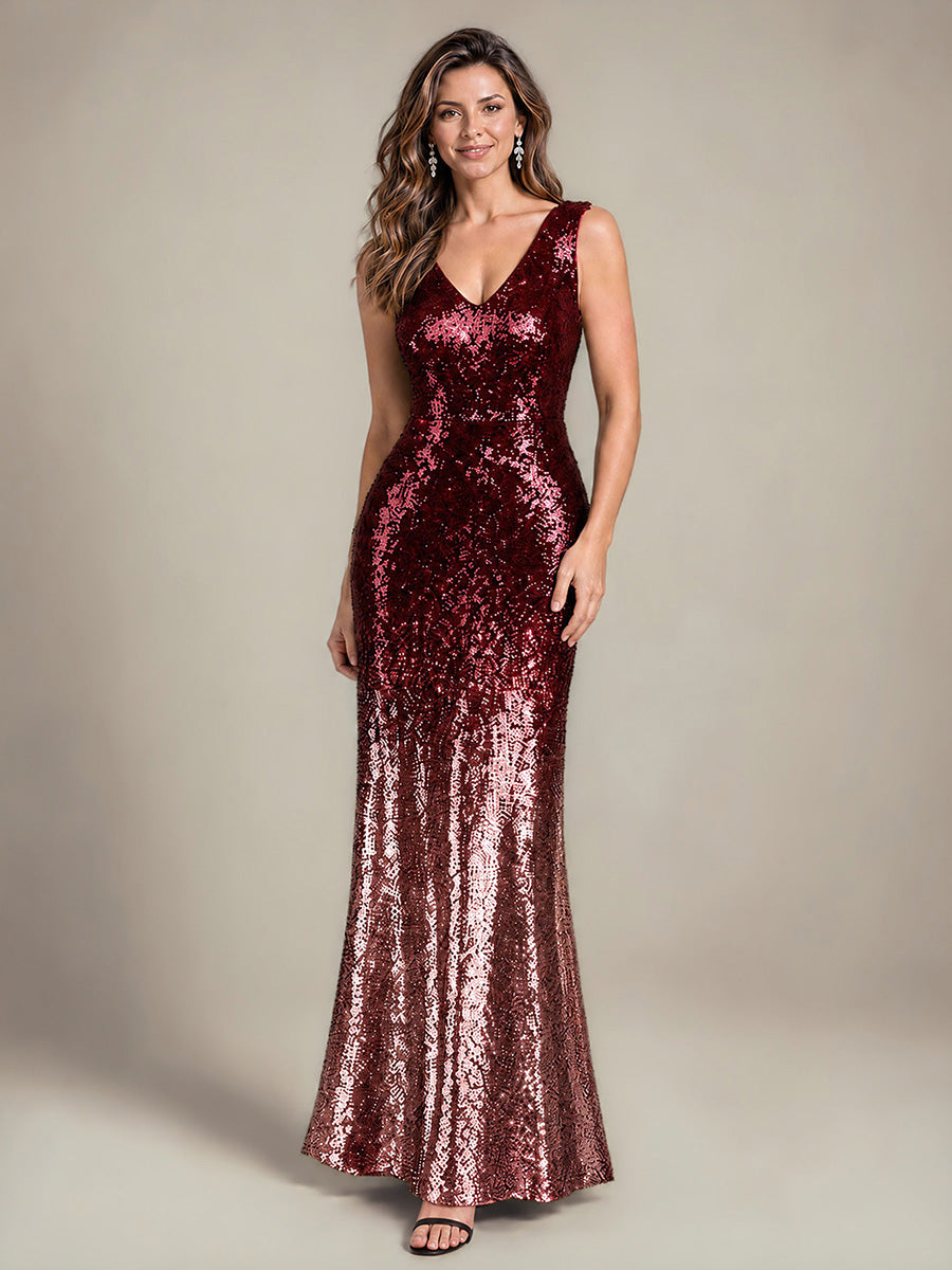 Ombr¨¦ Sequins Mermaid Sleeveless Evening Dress #color_Burgundy Pink