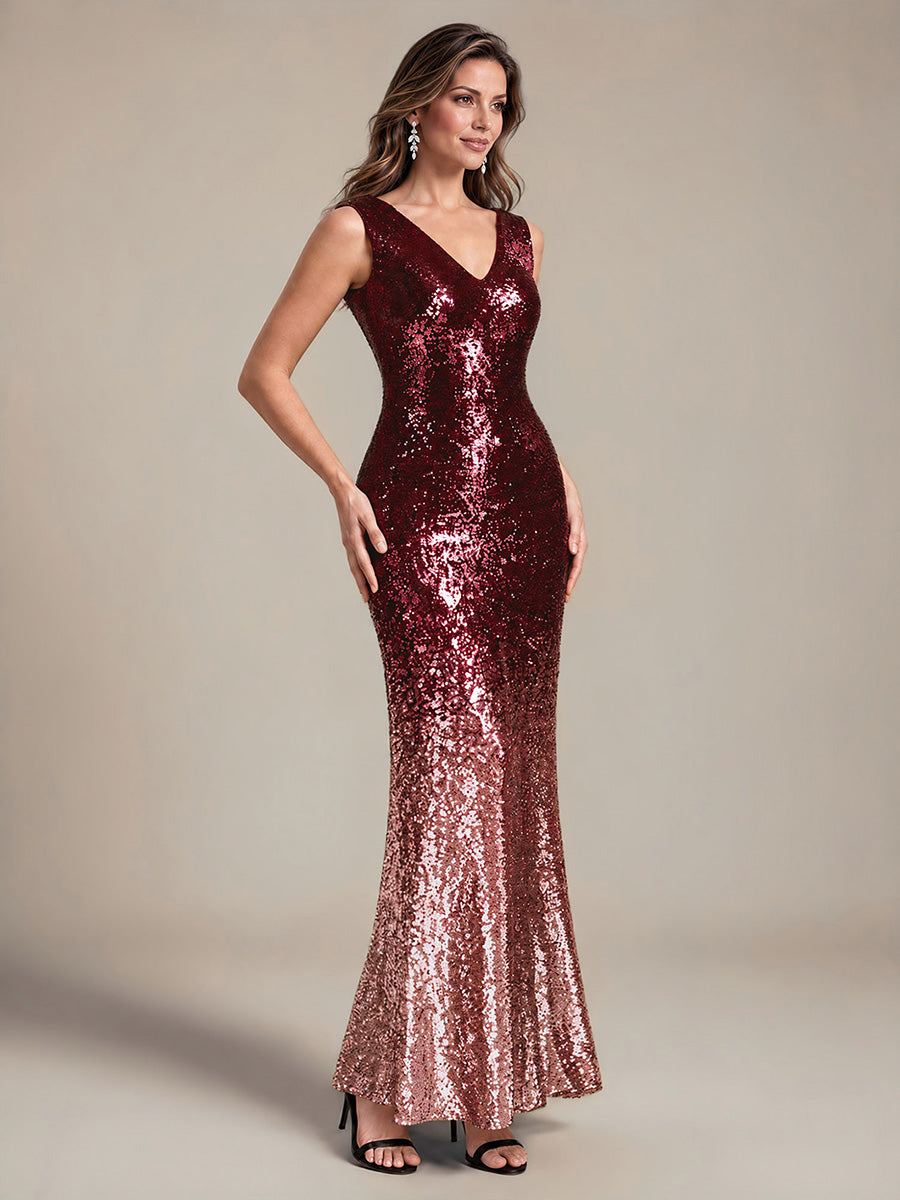 Ombr¨¦ Sequins Mermaid Sleeveless Evening Dress #color_Burgundy Pink