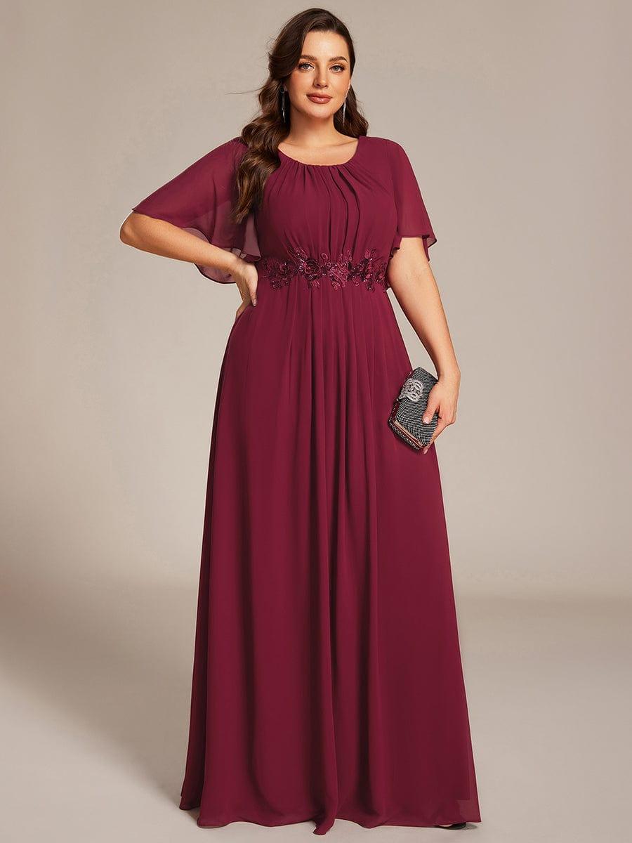 Plus Size Pleated Waist Applique Maxi Bridesmaid Dress #color_Burgundy