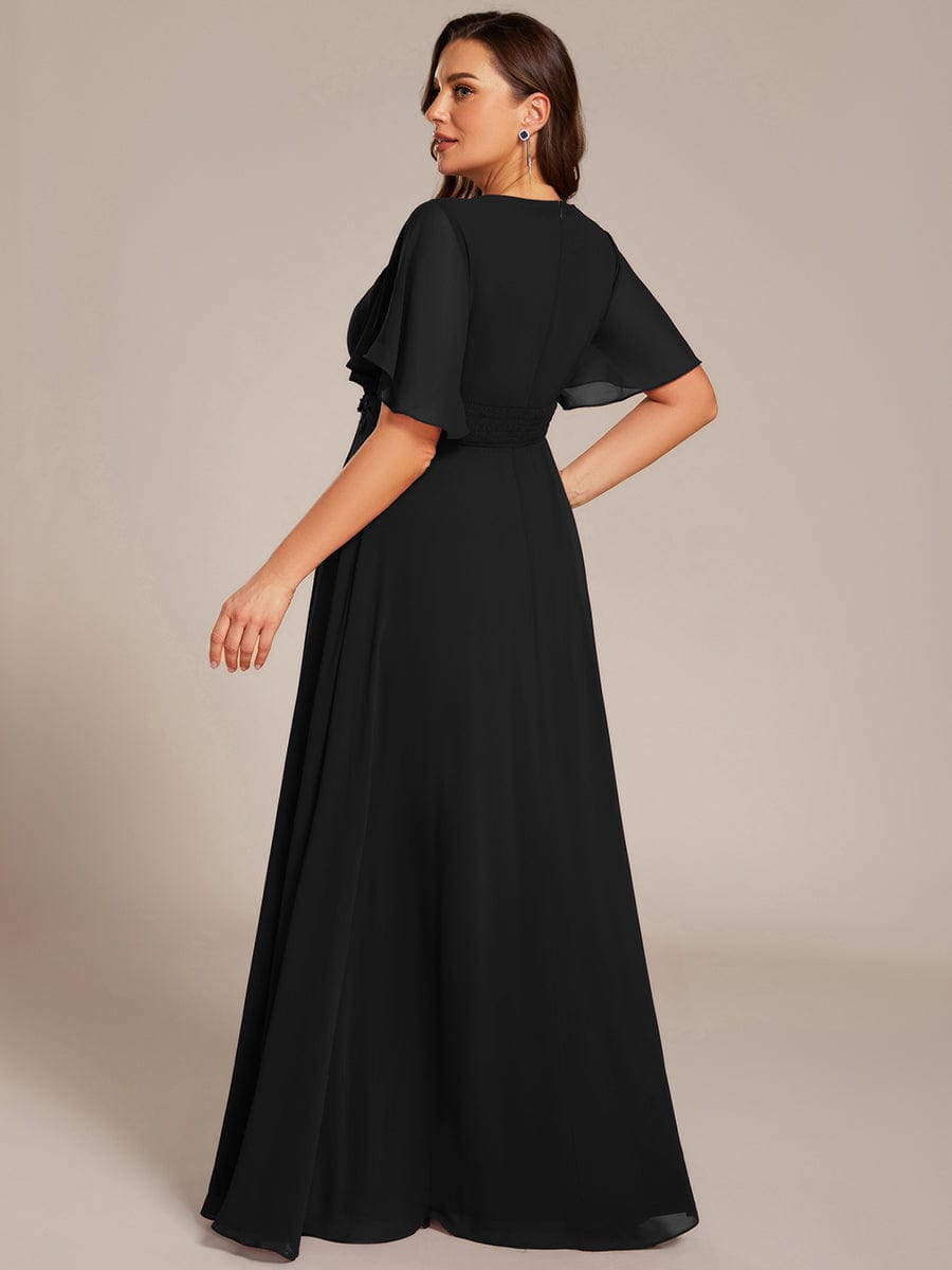 Plus Size Pleated Waist Applique Chiffon Maxi Formal Dress #color_Black