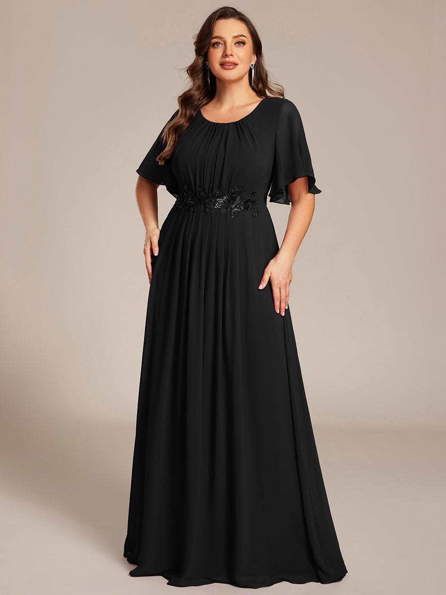 Plus Size Pleated Waist Applique Chiffon Maxi Formal Dress #color_Black