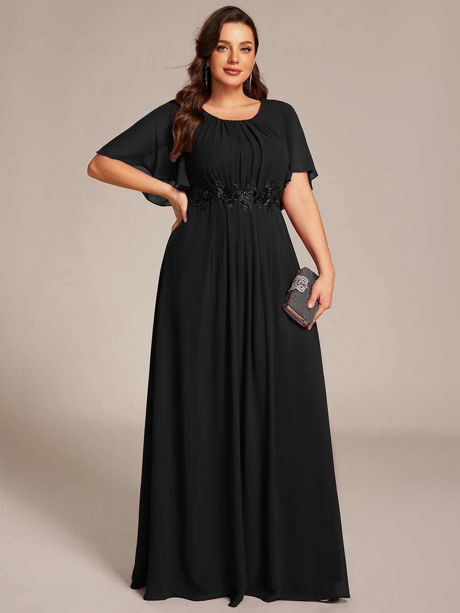 Plus Size Pleated Waist Applique Chiffon Maxi Formal Dress #color_Black