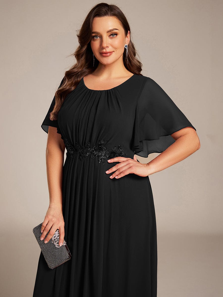 Plus Size Pleated Waist Applique Chiffon Maxi Formal Dress #color_Black