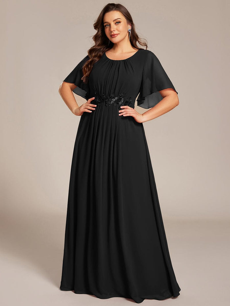 Plus Size Short Sleeve Pleated A-Line Maxi Formal Evening Dress