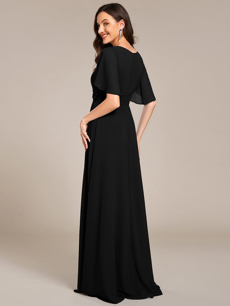 Short Sleeve Pleated Applique A-Line Floor-Length Formal Evening Dress #color_Black