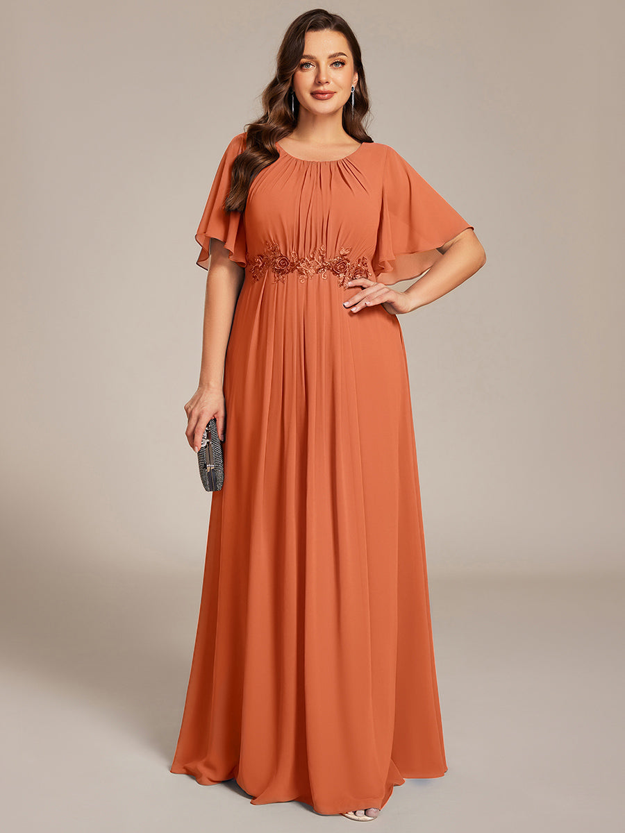 Short Sleeve Pleated Applique A-Line Floor-Length Formal Evening Dress #color_Brandied Melon
