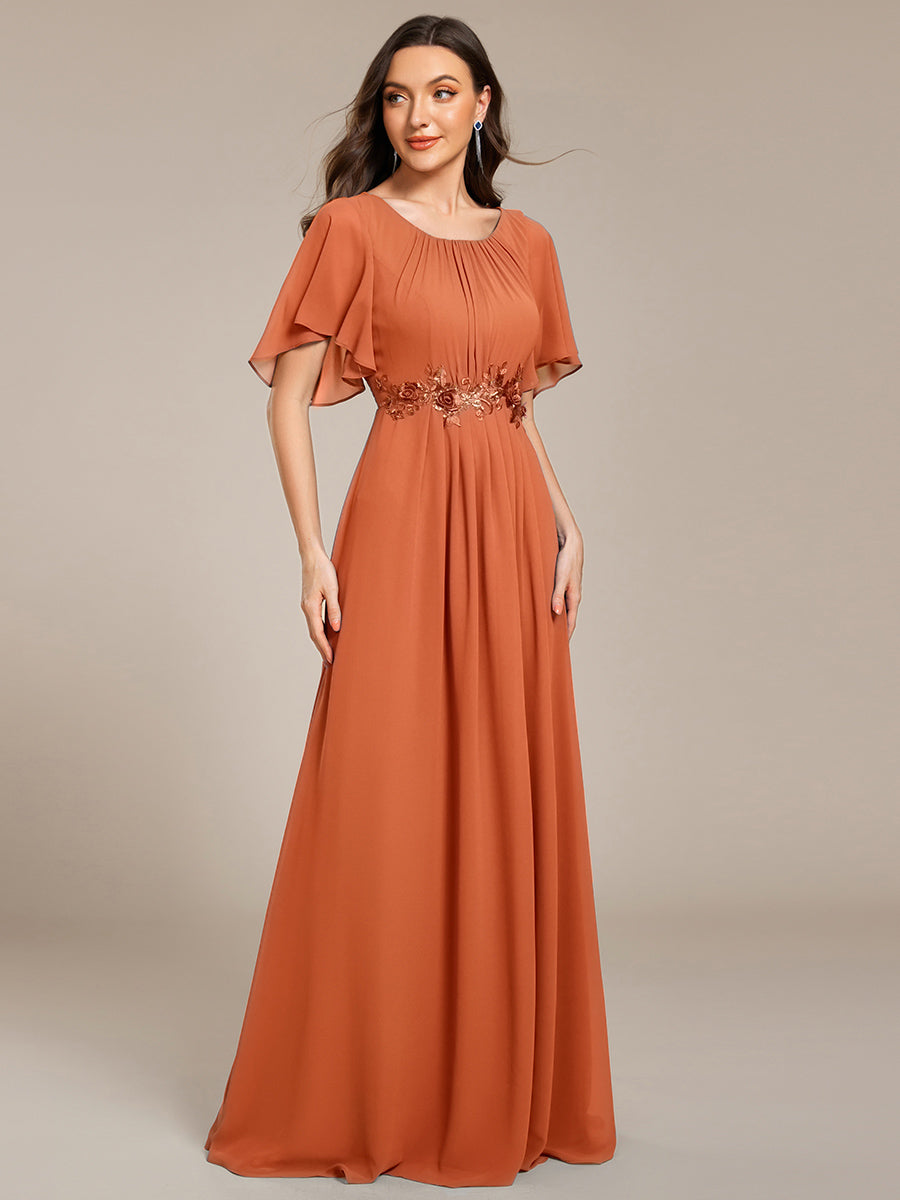Short Sleeve Pleated Applique A-Line Floor-Length Formal Evening Dress #color_Brandied Melon