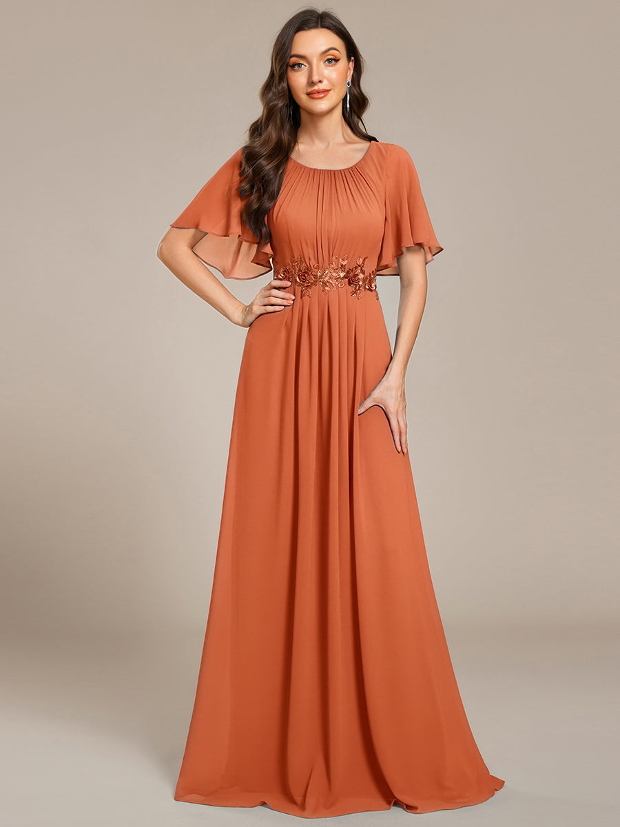 Short Sleeve Pleated Applique A-Line Floor-Length Formal Evening Dress #color_Brandied Melon