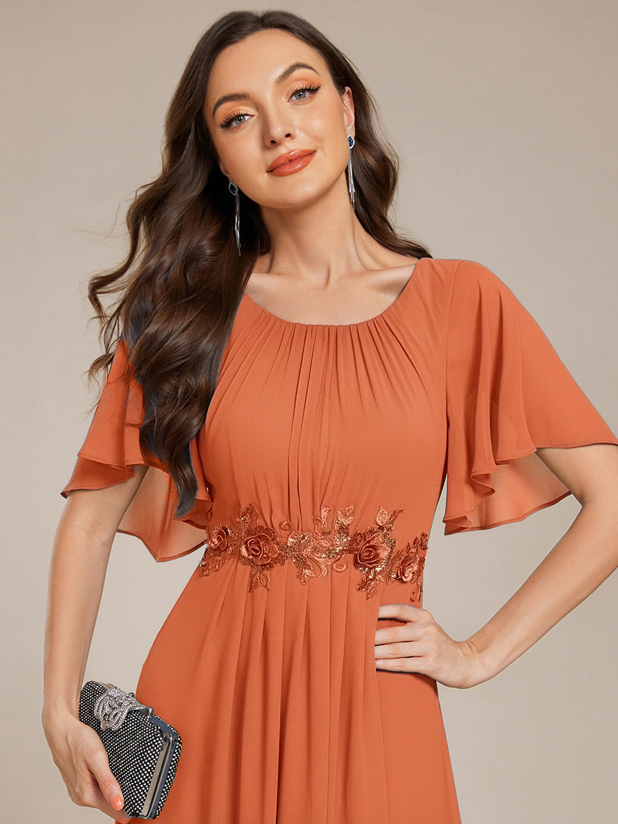 Short Sleeve Pleated Applique A-Line Floor-Length Formal Evening Dress #color_Brandied Melon