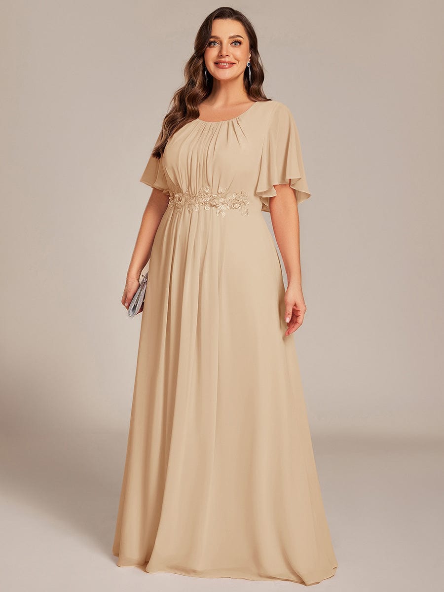 Plus Size Pleated Waist Applique Chiffon Maxi Formal Dress #color_Champagne