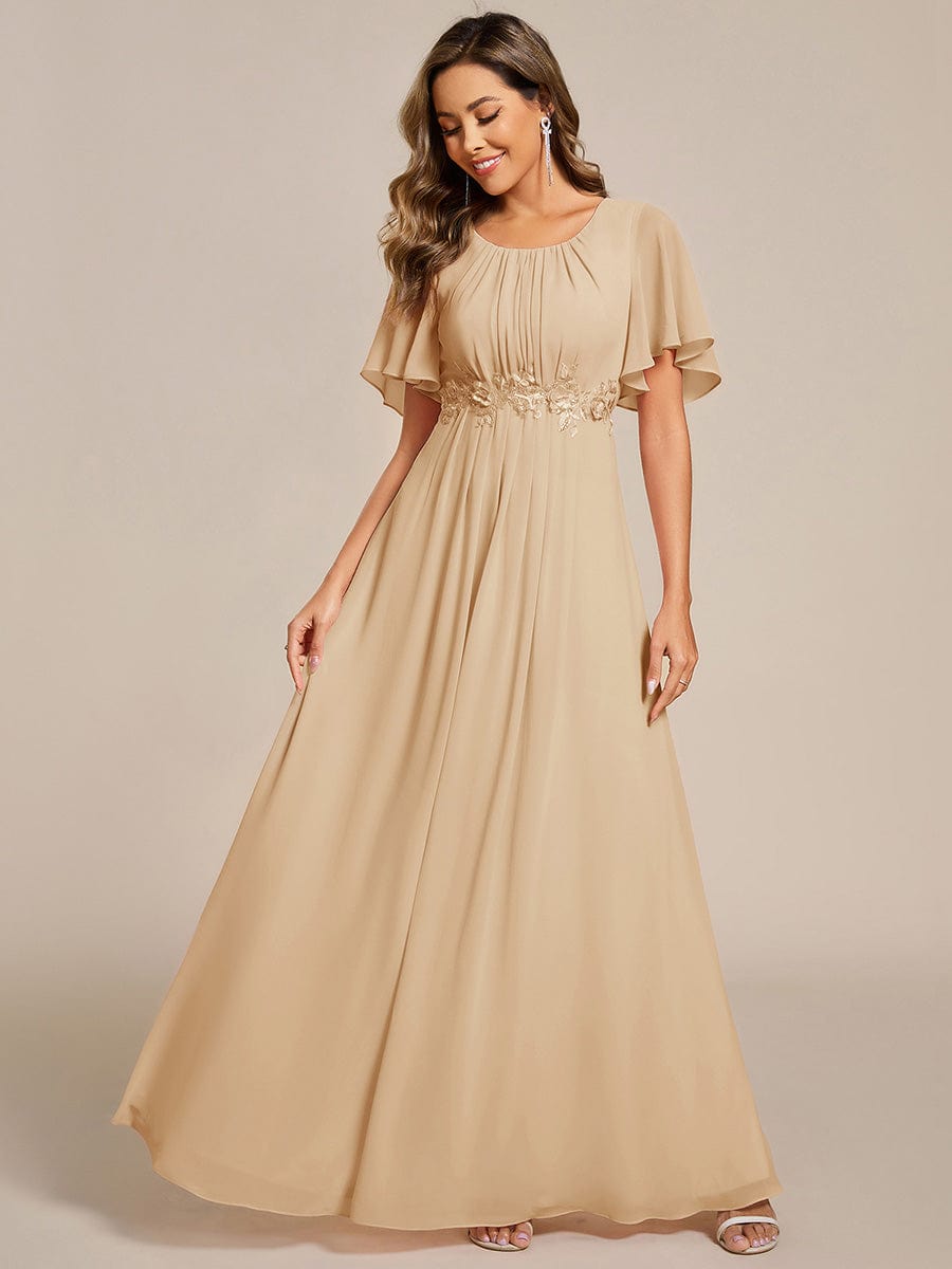 Short Sleeve Pleated Applique A-Line Floor-Length Formal Evening Dress #color_Champagne