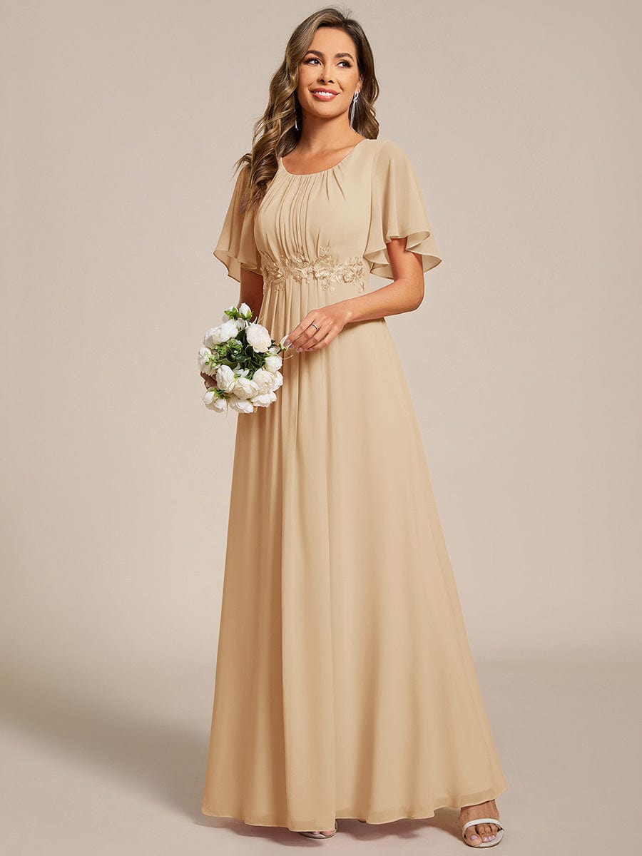 Short Sleeve Pleated Applique A-Line Floor-Length Formal Evening Dress #color_Champagne