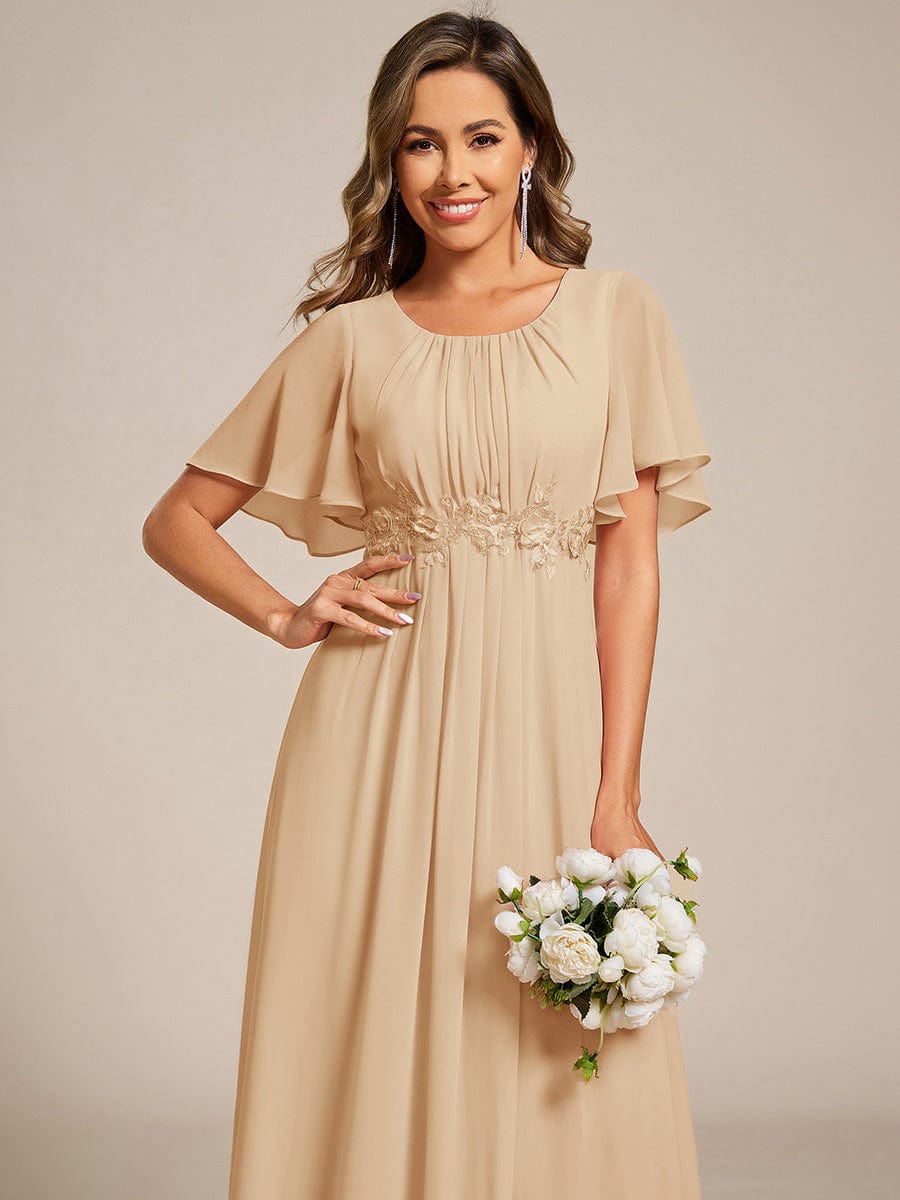 Short Sleeve Pleated Applique A-Line Floor-Length Formal Evening Dress #color_Champagne
