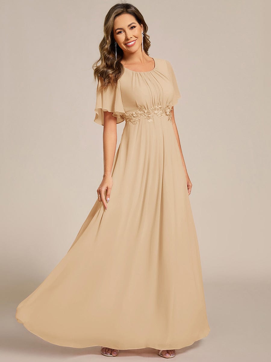 Short Sleeve Pleated Applique A-Line Floor-Length Formal Evening Dress #color_Champagne
